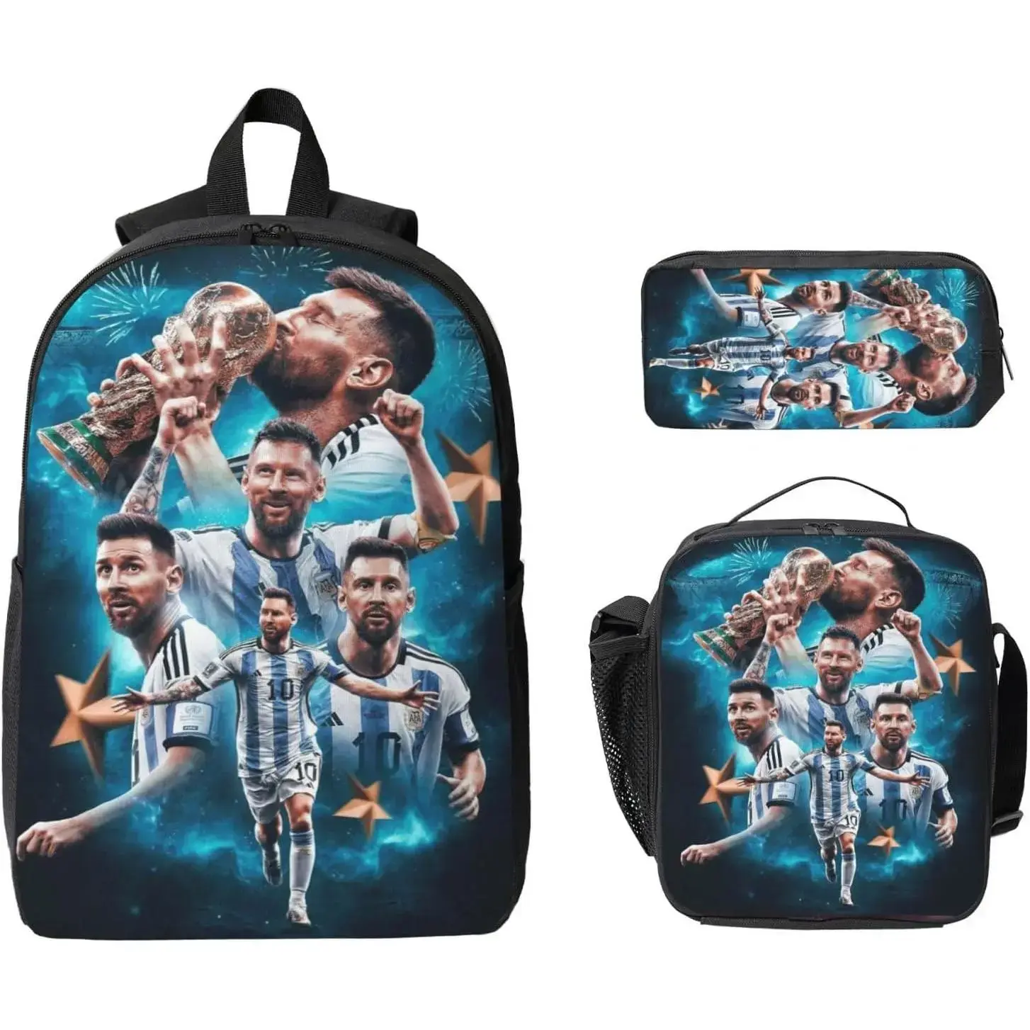 Unisex Soccer-Themed 3-Piece Casual Backpack Set - High-Capacity Lightweight Laptop Backpack, Lunch Bag, Pencil Case, Hand-Washable for Students (First Day of School, On the Road, Adventure Ready)