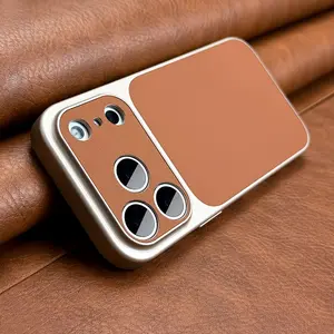 New Luxury Upgrade 17 Series Orange Retro Faux Leather Cellphone Phone Case Compatible with iPhone 17Air 16 15 17Pro 17Promax Large Window Camera Shockproof Protective Soft Border Hard Cover Protector