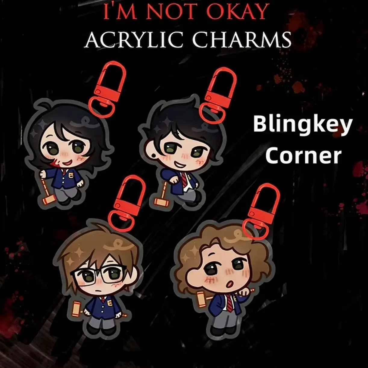 4 ops Cute Chibi MCR I'm Not Okay Acrylic Keychain, Gerard Way Emo Punk Rock Band Acrylic Charm