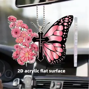 Car Decorative Pendant, Butterfly Cross Car Ornament, Acrylic Hanging Decoration with Chain, Key Chain Accessory For Car Rearview Mirror Home Decor(Sheet)