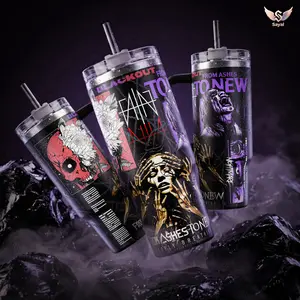 Blackout Album - From Ashes to New 40 oz Tumbler, Collage Graphic Design Vacuum Insulated Travel Mug with Handle 18/8 Steel Keeps Drinks Cold 12H+ Hot 6H Nu-Metal Rap Rock Band Merch for Concert Goers Alternative Music Fans Festival Gift
