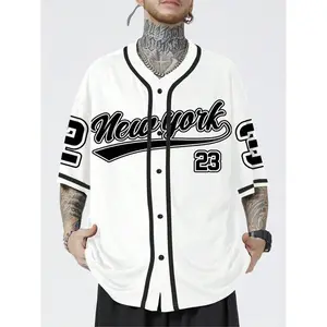 Men's Letter & Number Print Button Front V Neck Baseball Jersey, Casual Drop Shoulder Short Sleeve Top for Daily Wear, Men's Clothes for All Seasons