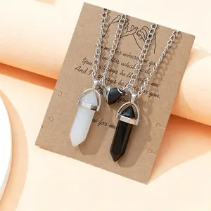 Hexagon Crystal Magnetic Matching Necklace Set for 2 Pairs BFF & Couples Stainless Steel Friendship Heart Pendant White Black & Pink Blue Best Friend Forever Jewelry Gift for Girls Couples