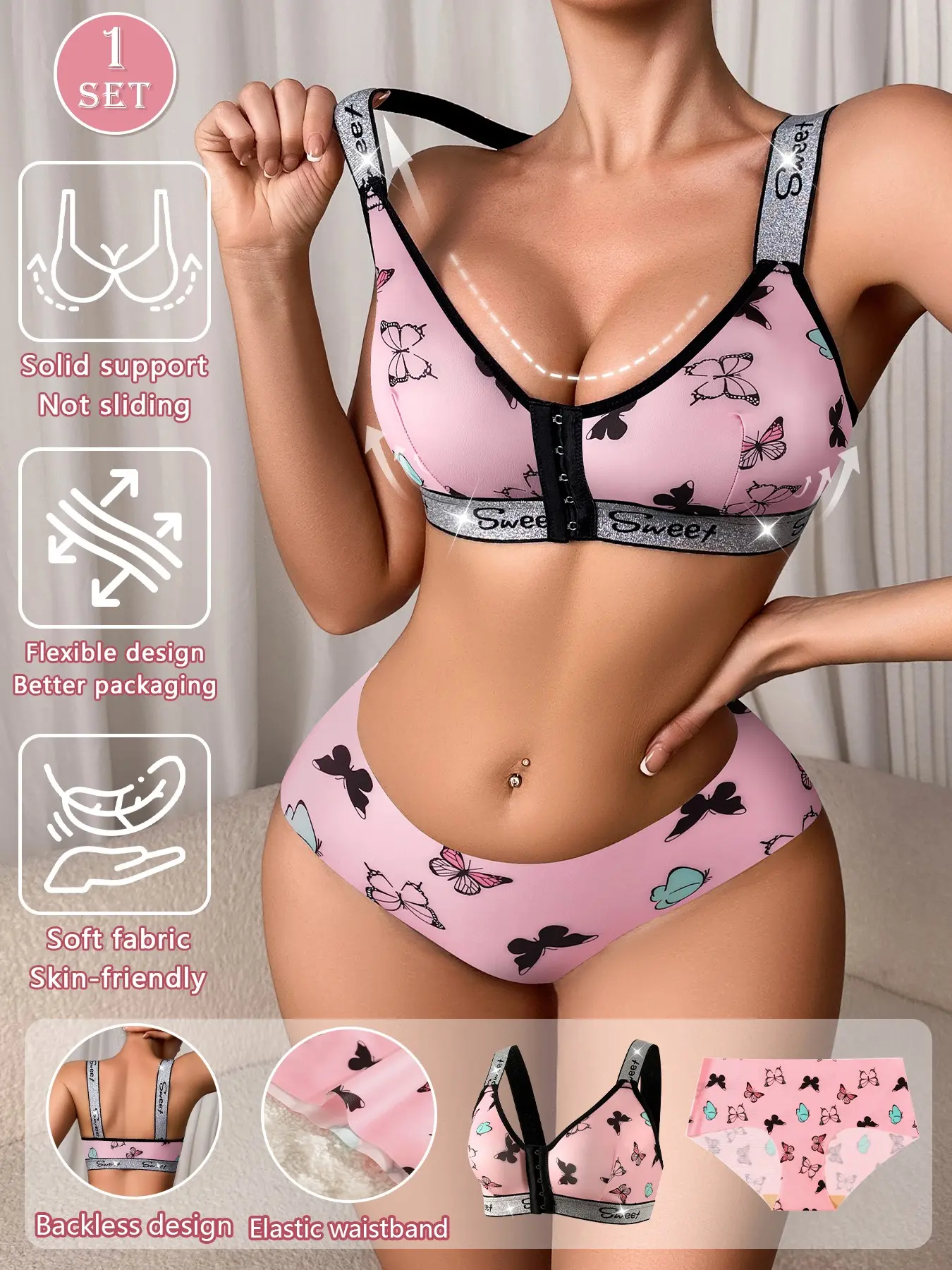 Women's Front Buckle Butterfly Print Bra Set, Wireless Push-Up Backless Design, Comfortable Skin-Friendly Underwear, All Seasons, Wirefree Bras