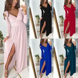 Station New Autumn Winter Long Sleeve V-Neck Solid Color Split Hem Dress for Women spring elegant fit Casual Fabric Polyester Womenswear