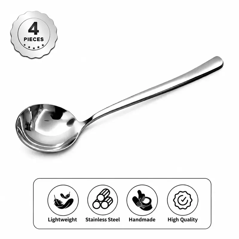 4-Piece Stainless Steel Soup Spoon Cutlery Set, Heavy-Duty Metal Tableware for Soup, Ramen, Everyday Dining