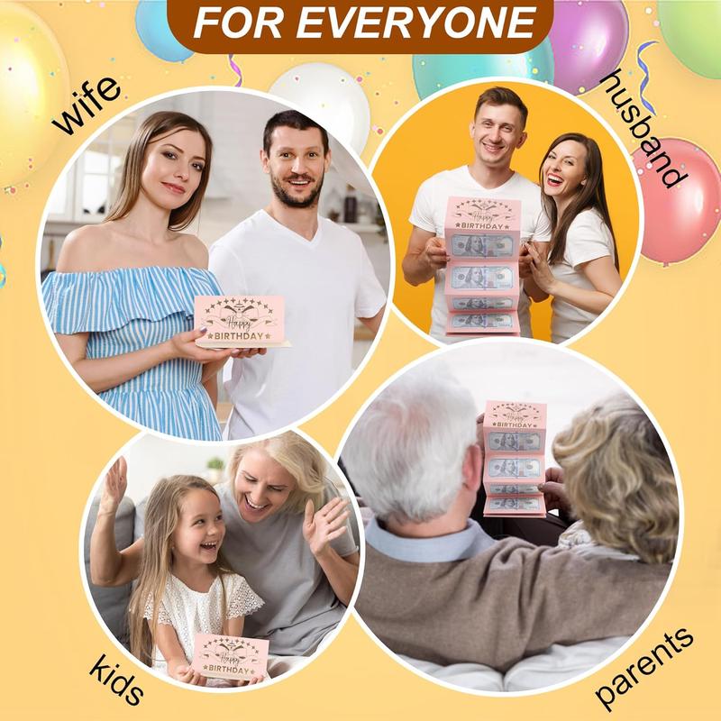 4Pcs Birthday Money Envelope for Cash Gifts, Surprise Cash Envelope for Wife Women Kids, Birthday Gift Card for Women Girls, Pink Rose Gold Money Holder