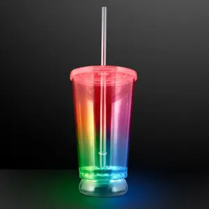 Set of 4 FlashingBlinkyLights Light Up Multicolor LED To-Go Tumblers with Straw 16 oz Plastic Drinking Glasses for Birthday Parties & Events