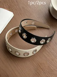 Women's Elegant PU Leather Wide Band Metal Stud Grommet Adjustable Headband, Rock Punk Style, Suitable for Daily Wear and Parties, 1pc/2pcs