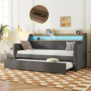 queen sized bunk beds Twin Size Daybed with Trundle Bed, Upholstered Daybed with Charging Station and LED Lights, Gray(Expect arrival date Jun, 14th)