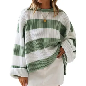 Women’s 2025 Fall Long Sleeve Oversized Striped Colorblock Comfortable Loose Crewneck Knitted Pullover Sweater
