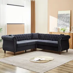 83.5" Oversized L-Shaped Corner Velvet Couch,Heavy Duty Solid Wood Frame and Sturdy Wood Legs,5-Seater Corner Sofas with 3 Pillows for Living Room, Bedroom, Apartment, Office,Black
