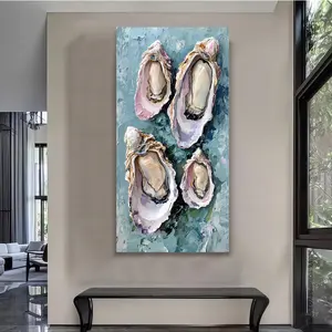 Artistic Oyster Shells Canvas Print Coastal Wall Art with Mother-of-Pearl Details Seafood-Themed Decor for front porch decor chill room accessories front porch decor Kitchen Accent Wall Bathroom and Beach House Nautical Housewarming Gifts Unframed