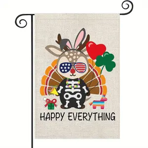 Happy Everything Garden Flag Modern Outdoor Yard Decor with Patriotic Bunny Skeleton and Heart Design Polyester Material Perfect for Every Holiday Holiday Yard Decor