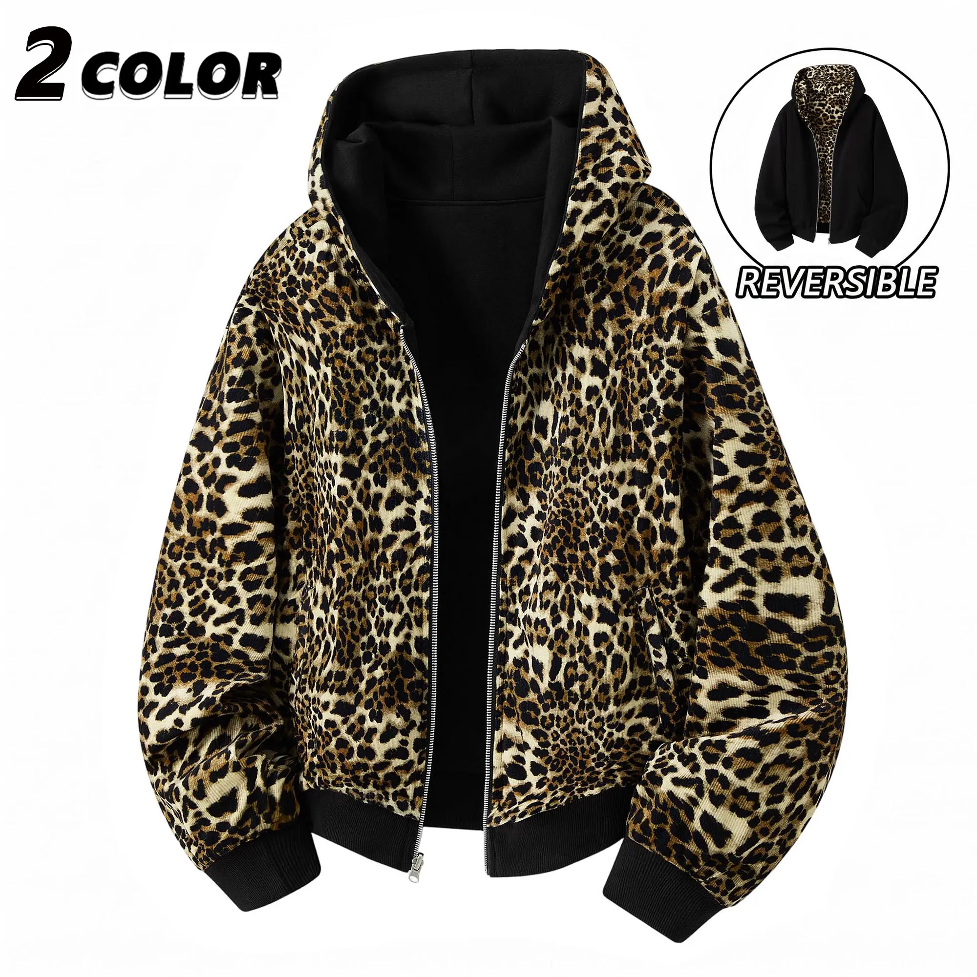 EKF Men’s reversible leopard print zip-up hooded jacket | Two ways to wear in one piece—full vibe appeal; leopard print side + solid color side create versatile street looks