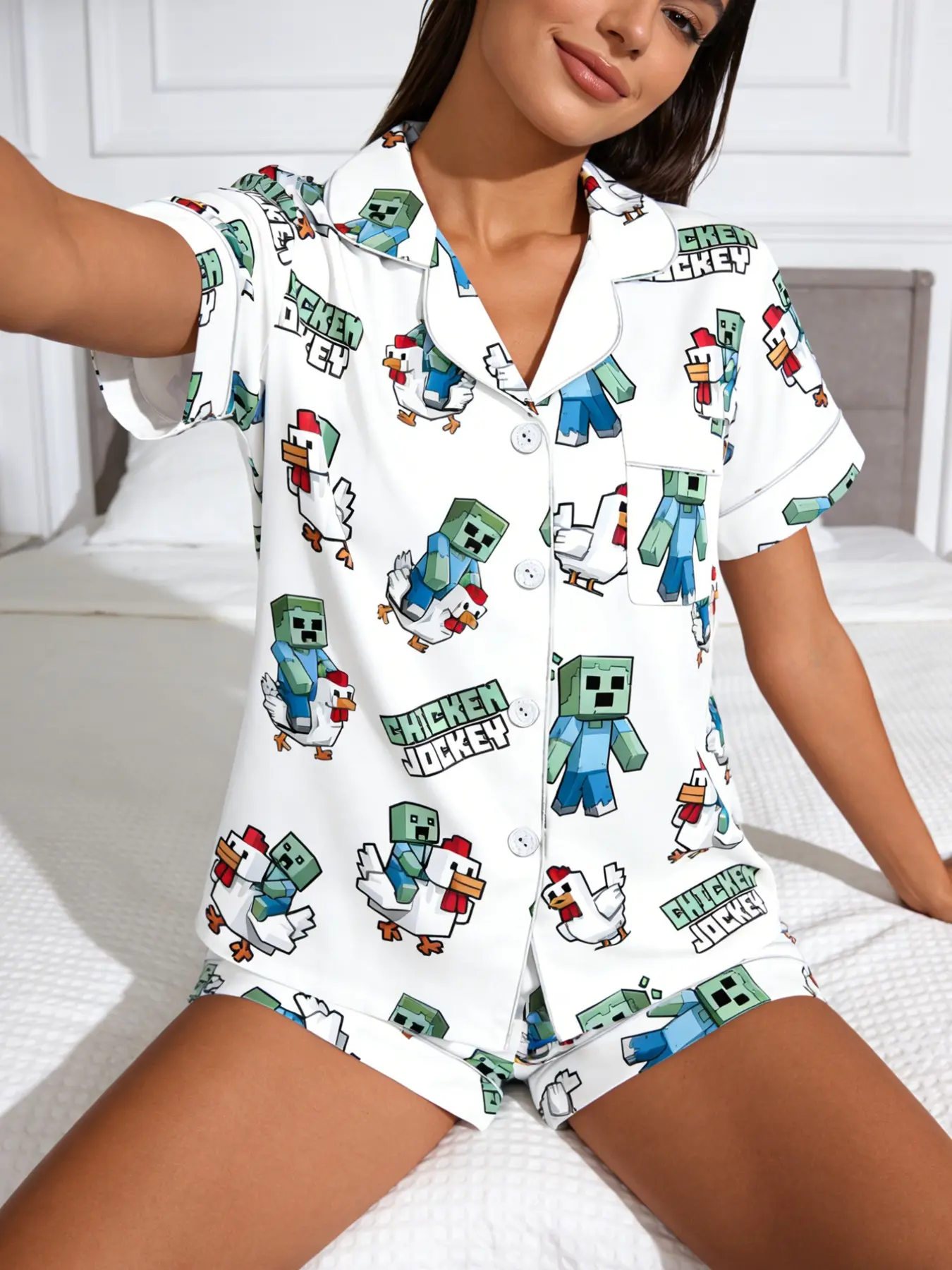 Minecraft Themed Print Sleepwear Set, Cute Fitted Two-Piece, All-Season Comfortable Home Wear, Ideal Gift for Gamers & Friends, Pajama