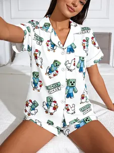 Minecraft Themed Print Sleepwear Set, Cute Fitted Two-Piece, All-Season Comfortable Home Wear, Ideal Gift for Gamers & Friends