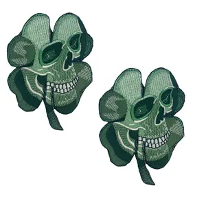 2PC Green Skull Clover 4x3 Inch Hook Fastener Patch for Uniforms and Clothing