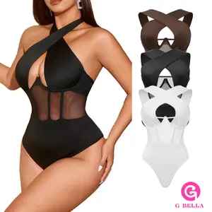 GBELLA Women's Bodysuit, Sexy Crossover Neckline Mesh Slim Fit Comfortable and Stretchy, Underwear Womenswear Top Clothes, Perfect for Vacation Holiday Gifts Beach and Summer Must-Have Outfits