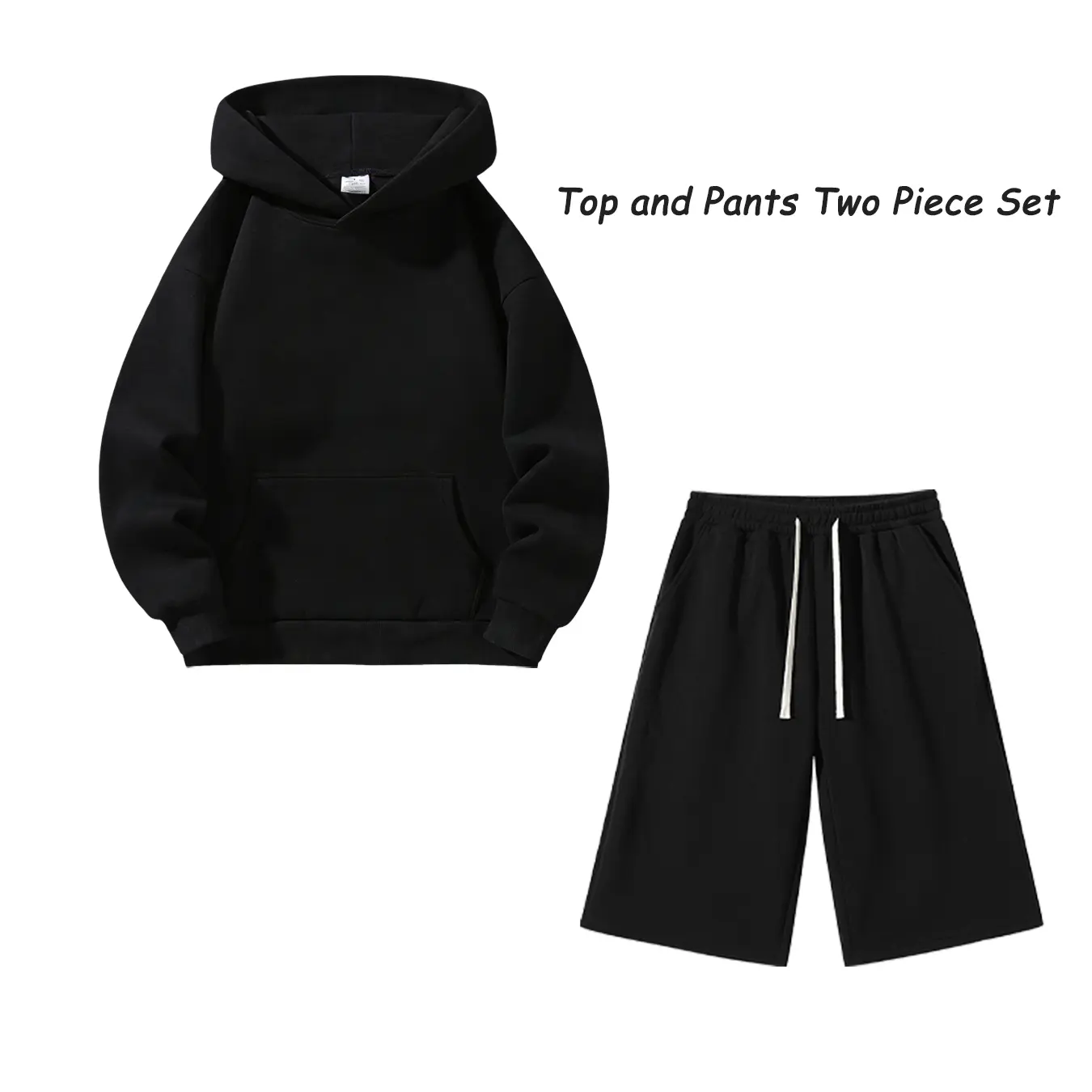 Men’s casual minimalist long-sleeve hooded sweatshirt + 3/4 sweatpants, with kangaroo pockets; soft and comfortable—everyday casual set