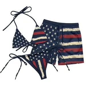 Matching Couple Swimwear Set 4th of July, Distressed USA Flag Stars Stripes Bikini & Mesh Shorts, Gift for Couples