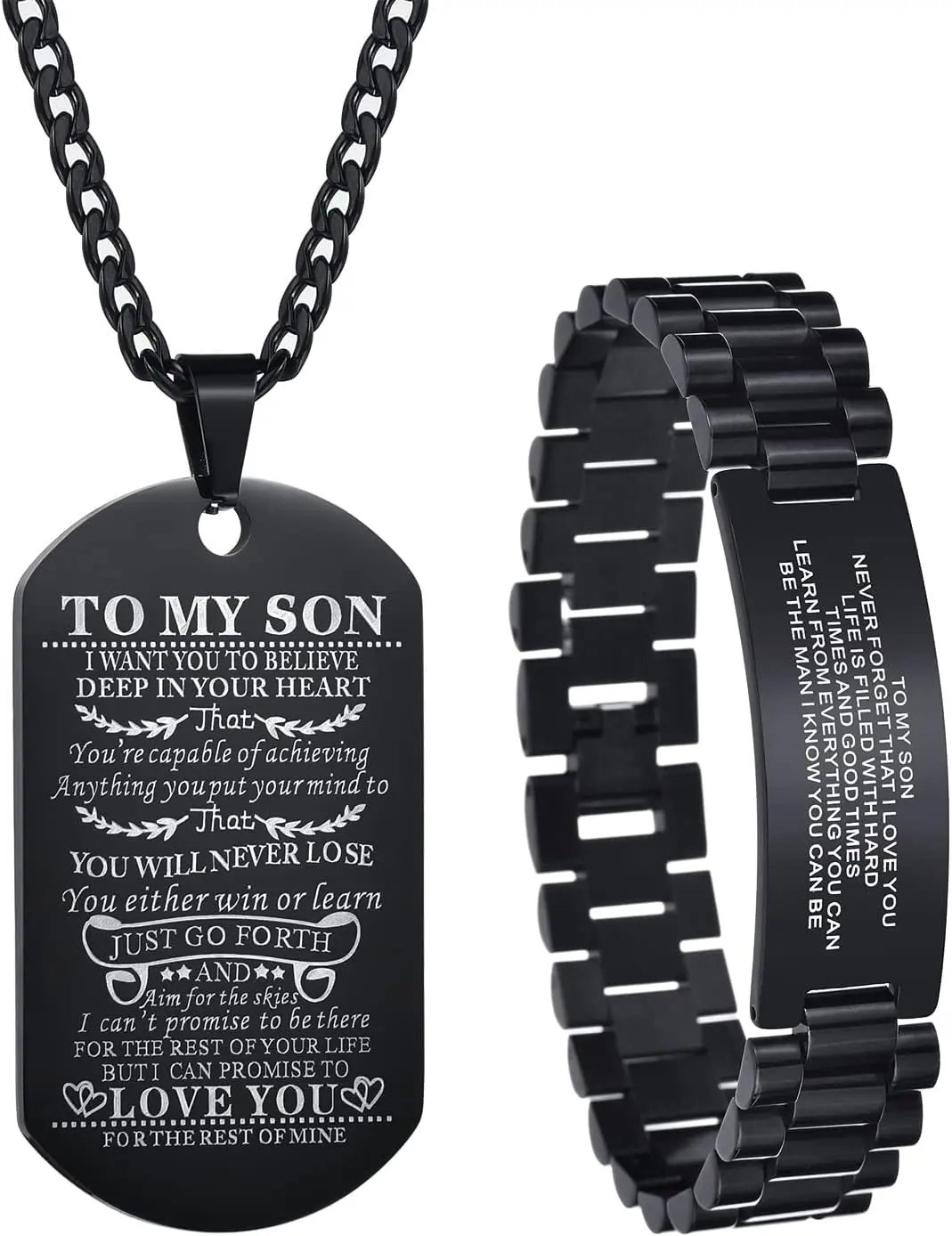 2Pcs Son Bracelet and Necklace from Mom and Dad Personalized Wristband Bracelets Stainless Steel with Adjustable Tool Engraved Necklace for Graduation Birthday Gift