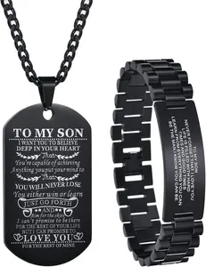 2Pcs Son Bracelet and Necklace from Mom and Dad Personalized Wristband Bracelets Stainless Steel with Adjustable Tool Engraved Necklace for Graduation Birthday Gift