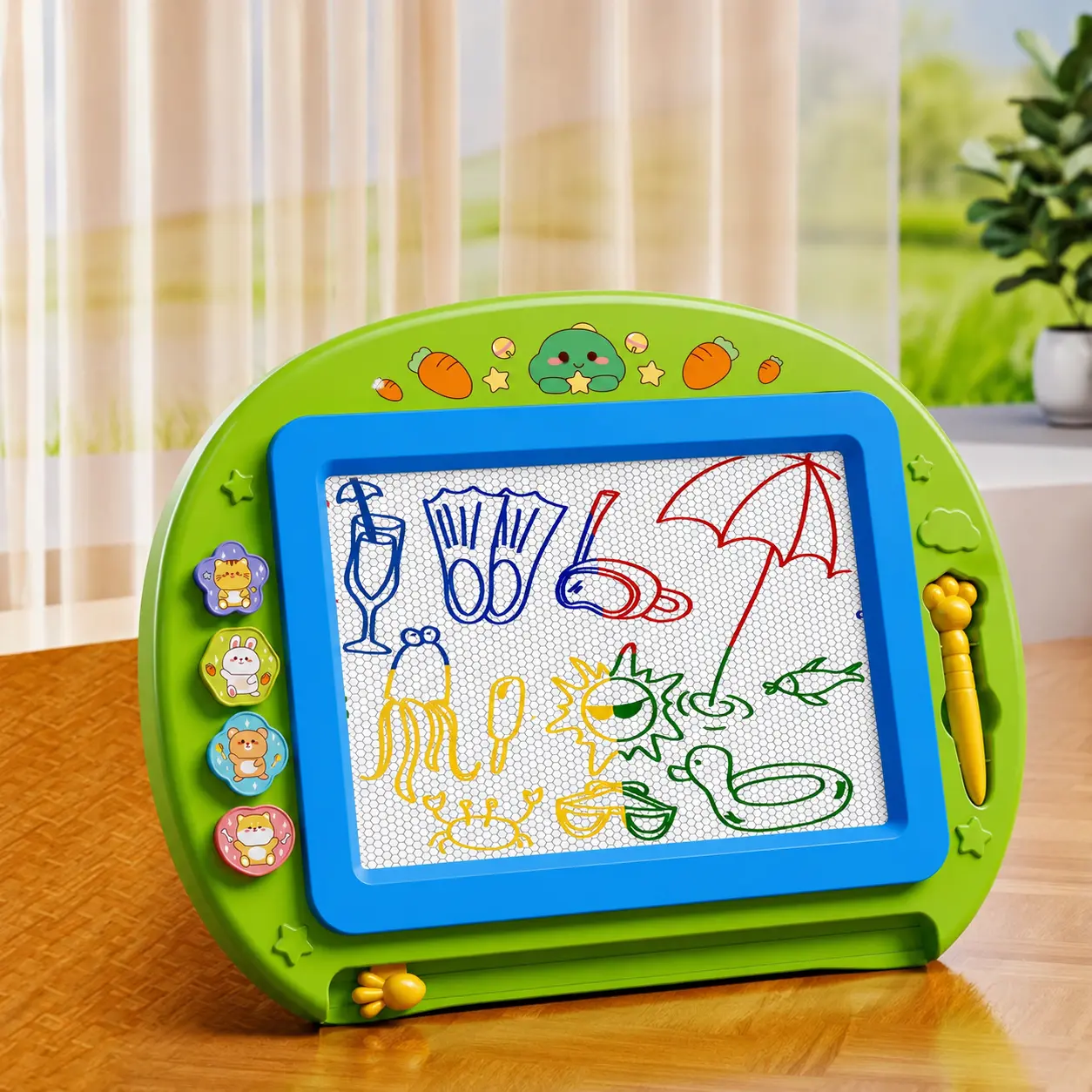 Toddler Magnetic Doodle Board - Safe Early Learning Creative Play Tool for 2-3 Years Toddlers, Wiped Clean Plastic Frame, Round Magnetic Surface, Reusable Sketchpad, No Battery Needed, Includes Stamps & Brushes