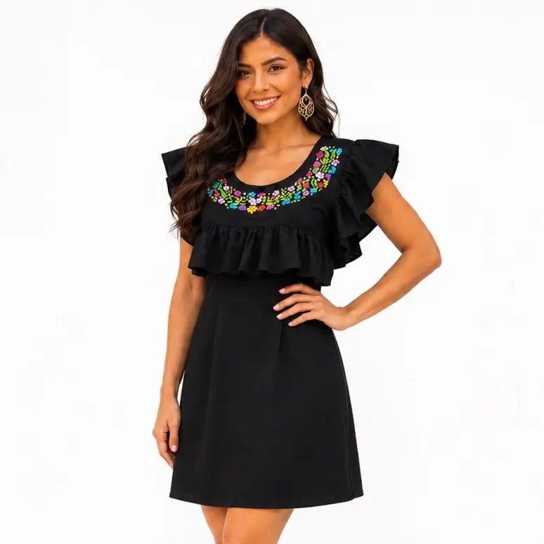 Paola Dress - Hand Embroidered Black Ruffle Dress with Colorful Embroidery Flutter Sleeves for Women Elegant Summer Wear One Size Fits Small Medium Large Casual Womenswear Elastic Back Made in Mexico - Elegance