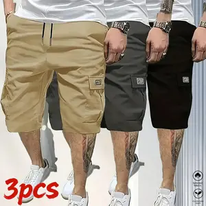 Men’s shorts three-piece set (khaki/black/gray)— slanted pockets— single rear side pocket— versatile casual wear— suitable for everyday use; summer shorts ideal for daily outings and vacations; multi-pocket casual shorts