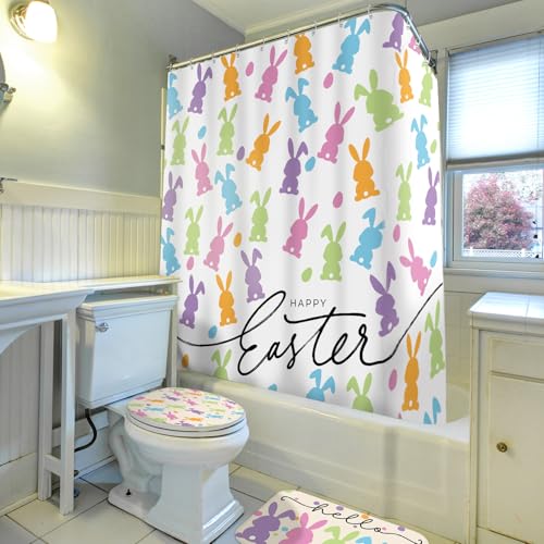 4/8Pcs Easter Bunny Bathroom Decor Set including 70x70in Waterproof Bunny Flower Shower Curtain with Hooks & Non Slip Bath Mat & U shaped Rug & Toilet Lid Cover for Spring Bathroom Makeover Home Supplies