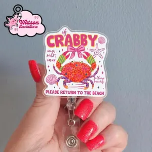 If Crabby Please Return to Beach Badge Reel, Beach Crab Summer ID Holder, Retractable Nurse ID Clip, Nurse Badge Holder, Cute Glitter Badge