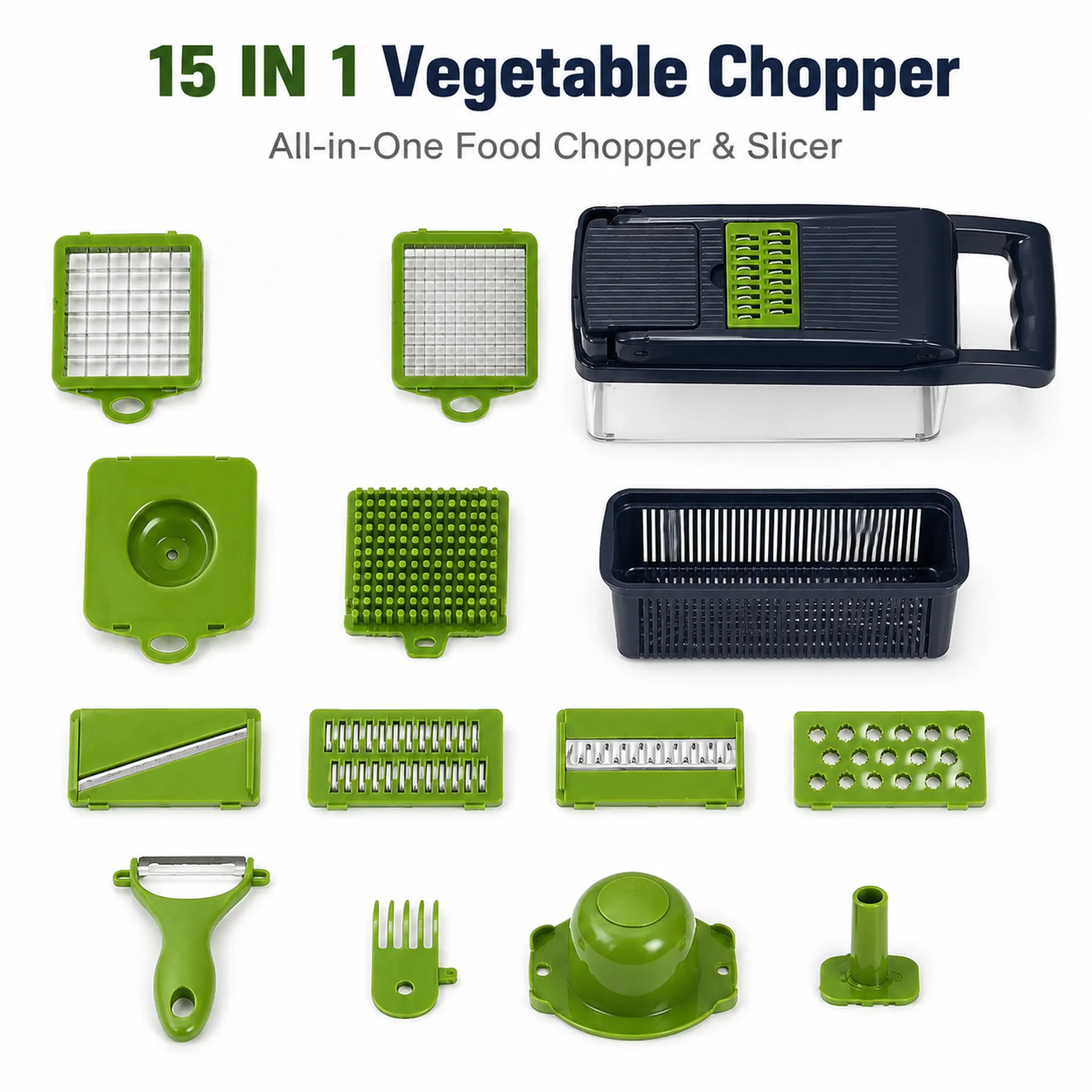 15-in-1 Multifunctional Vegetable Chopper & Mandoline Slicer Set with Storage Container, Multi Blades Food Dicer, Grater, Julienne Cutter, Peeler & Egg Separator, Portable Kitchen Prep Gadget for Onions, Potatoes, Fruits & Vegetables