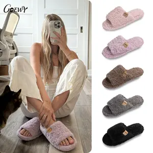 Fuzzy Open Toe Slippers for Women Indoor Cozy Memory Foam Slip On House Slides Shoes Gifts for Her Mom Size 5-12 Non-Slip Soft Faux Fur Footwear - Girl  fur slides slippers for women Classic