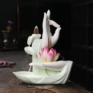 1pc,Ceramic Incense Censer Buddha Hand Backflow Incense Burner Lotus Incense Stick Holder (Without Incense) Scented Home Fragrance