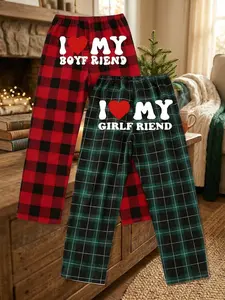 MY BOYFRIEND/GIRLFRIEND Couple, Matching Plaid Pajama Pants Set, Casual Christmas Loungewear Bottoms, Soft Plaid Fabric, Love Aesthetic, Elastic Waistband for Comfort, Eye-Catching Heart & Text Print, Versatile Home Wear, Perfect for Couples