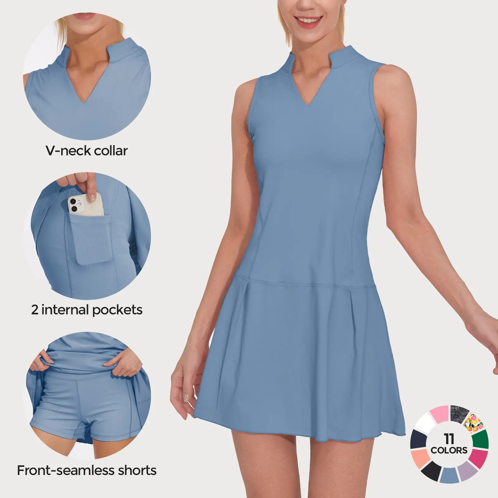 Moteepi Women's Sleeveless Workout Athletic Dress with Shorts, Pockets - Breathable, Stretch, Quick Dry Tennis Attire for Golf, Workout, Daily Wear, Workout Athletic Dresses