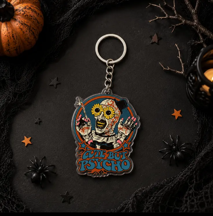Cute But Psycho Horror Acrylic Keychain, Retro Slasher Halloween Key Ring, Spooky Gothic Bag Charm, Creepy Cute Horror Gift, Backpack Accessory