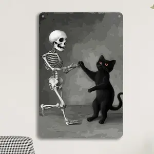 Bar Accent| Room Decor Vintage Black & White Iron Tin Sign -Skeleton and Cat Wall Art, Easy to Install, Ideal for University Dorms, Bathrooms, for Man Caves, Bars,Garages, Farmhouses - Poster Gift, Cafe Vintage Tinplate Sign,Wall Decor,