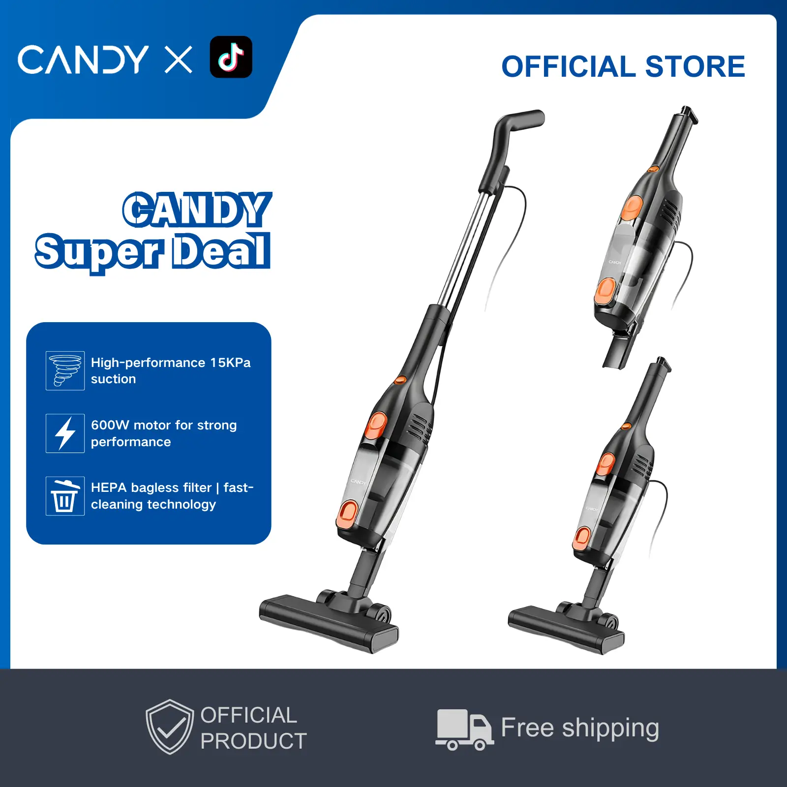 Candy Pro Stick Vacuum Corded - 15KPa Heavy Duty Suction | 600W Motor | 3.5lbs Ultra Lightweight | 2-in-1 Convertible for Pet Hair, Car, Hard Floors,
