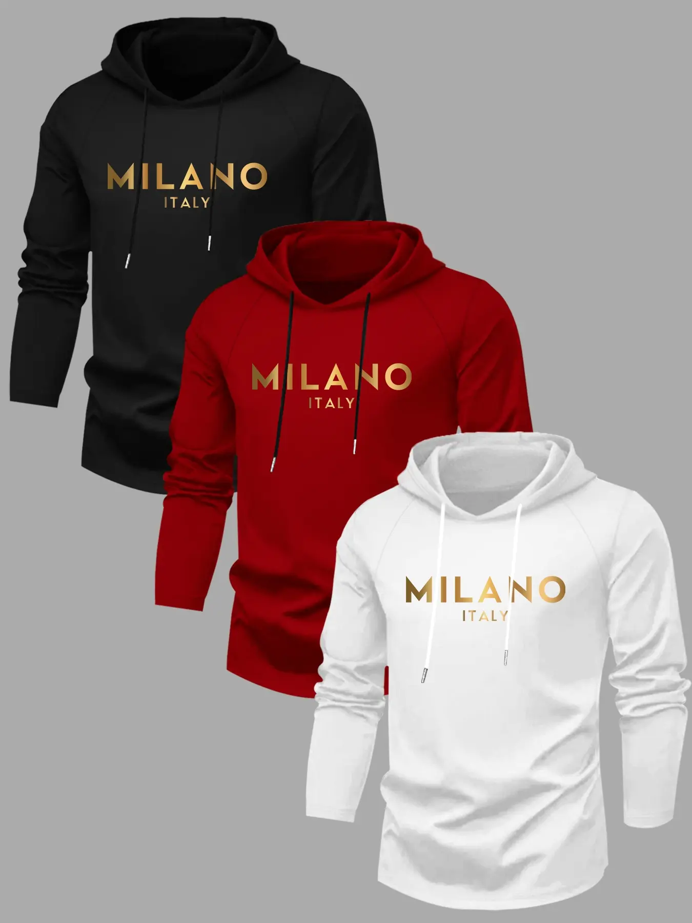 Men's 3-Piece Set Letter Print Hooded Long Sleeve Fitted T-Shirt, Graphic Print Hoodie, Menswear, Fall Winter Outdoor Casual Versatile Top, 3-Pack
