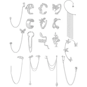 17 count Ear Cuffs Chain Earrings Snake Butterfly Leaf Non  Clip  Earring  Helix Cartilage Earrings Ear Clip    Tone