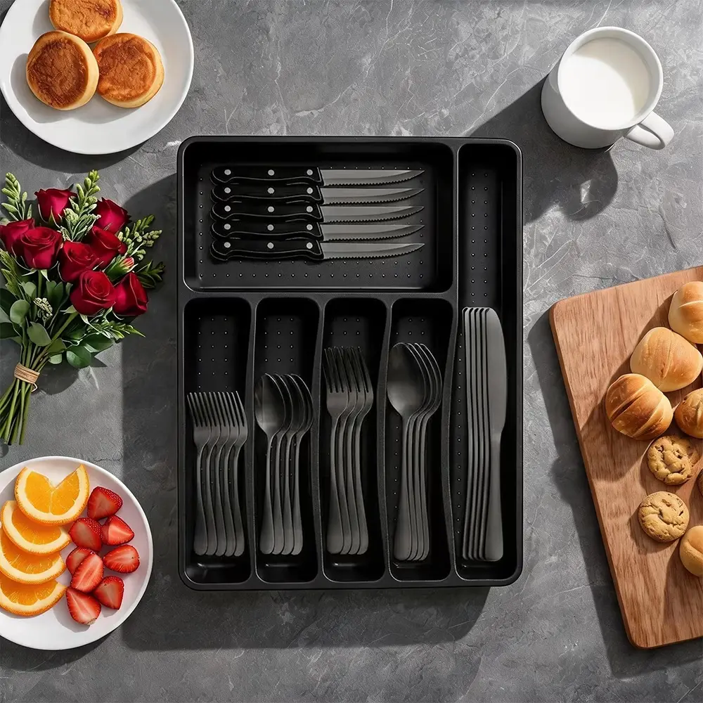 49 Piece Black Silverware Set with Flatware Drawer Organizer Tray, Stainless Steel Cutlery Set Service for 8 with Steak Knives Mirror Polished Finish