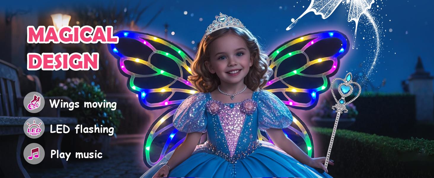 Light Up Fairy Wings for Girls - LED Butterfly Wings with Music for Kids Aged 3–8+ Costume, Birthday Christmas Party Costume Pretend Play Princess Dress Up Toys for Girls