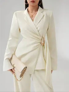 Elegant Chic Women's Fitted Blazer Jacket, Dual Button Design, Belted Asymmetrical Hem, Long Sleeve Office Wear, Polyester Fabric
