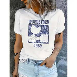 Casual Graphic T Shirt Inspired by Woodstock 1969 Featuring Short Sleeves and Comfortable Stretch Fabric for Summer Wear