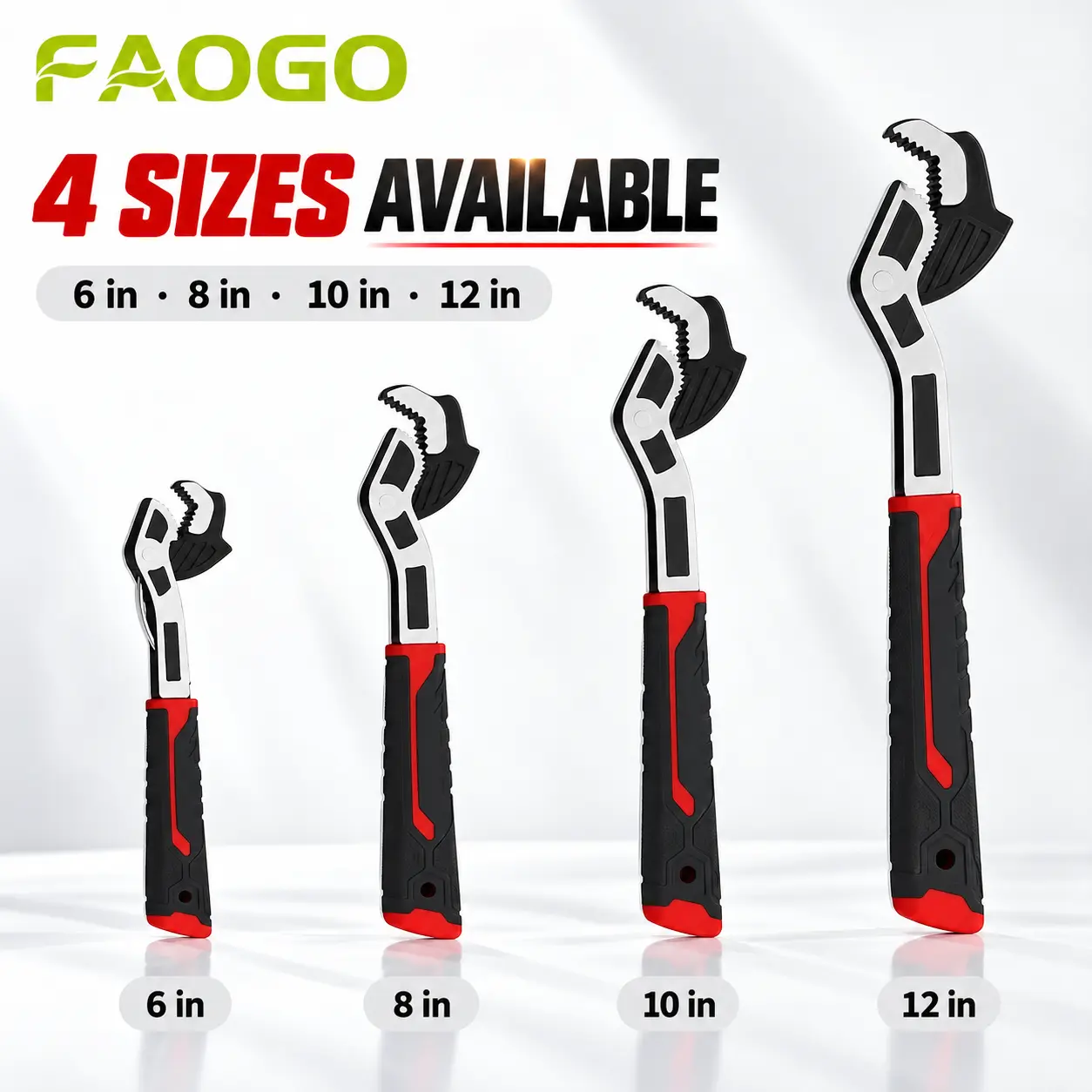 Faogo Self-Locking Adjustable Wrench - Large Opening Multi-Purpose Spanner with Spring Auto-Reset Design, Non-Slip Jaw for Pipe Nuts, Bolts, Home Repair DIY Hand Tool (6/8/10/12 in Sizes Available)