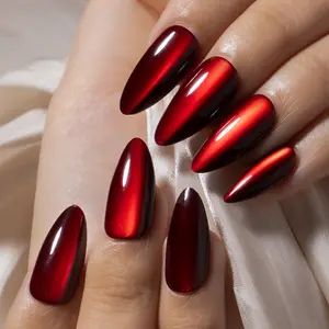 CurvLife Nailora long almond striped Press On Nails red glossy shiny cat eye for winter Easy Apply Nail Art