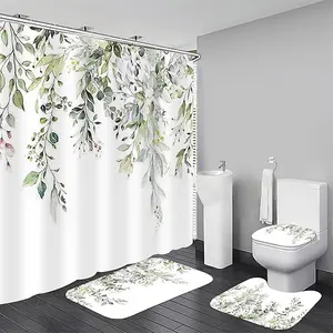 1/4pcs Spring Sage Green Eucalyptus Pattern Shower Curtain Set, Shower Essentials, Bathroom Decoration Accessories, with non-slip mat, U-shaped rug, and toilet seat cover. Perfect for bathroom decoration. Comes with 12 shower curtain hooks