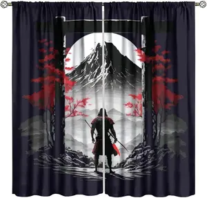 Japanese Anime Samurai Windows Curtains Asian Samurai Red Leaves Rod Pocket Window Treatment for Living Room Bedroom Home Decor Window Drapes 42" W X 45" L